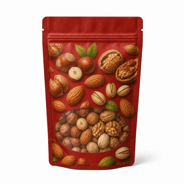 Kuruyemiş Desenli Kırmızı Doypack 17,5x25 cm