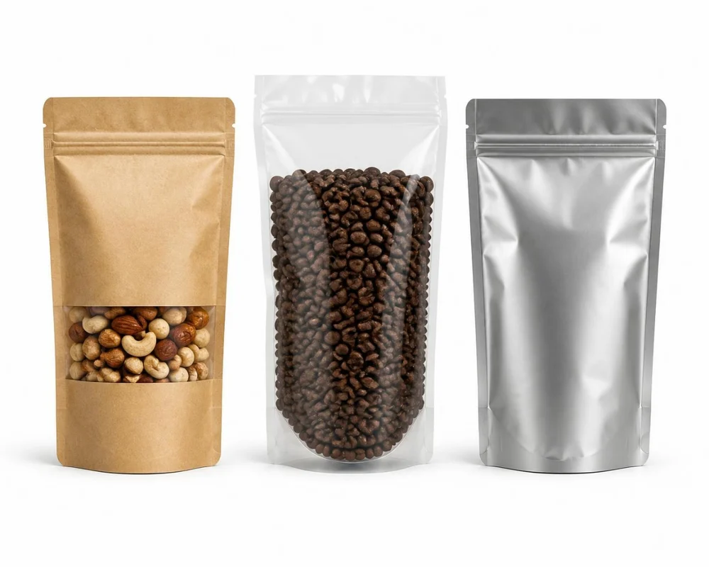 Kraft pencereli, şeffaf ve alüminyum toptan doypack poşetler