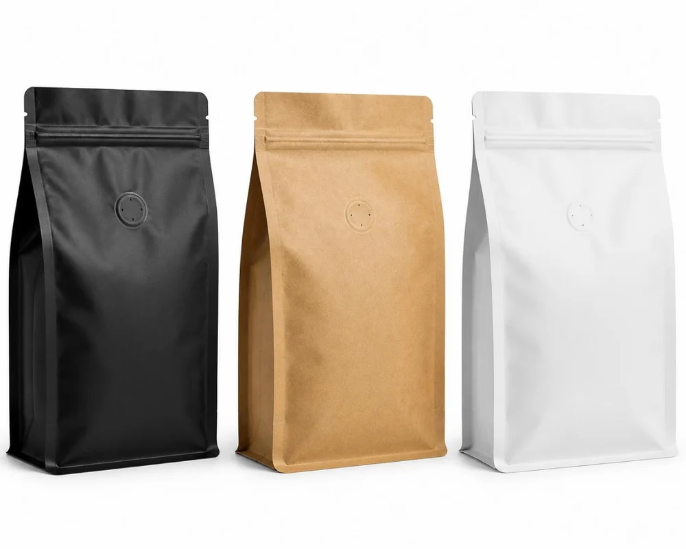 Valfli siyah, kraft ve beyaz flat bottom doypack